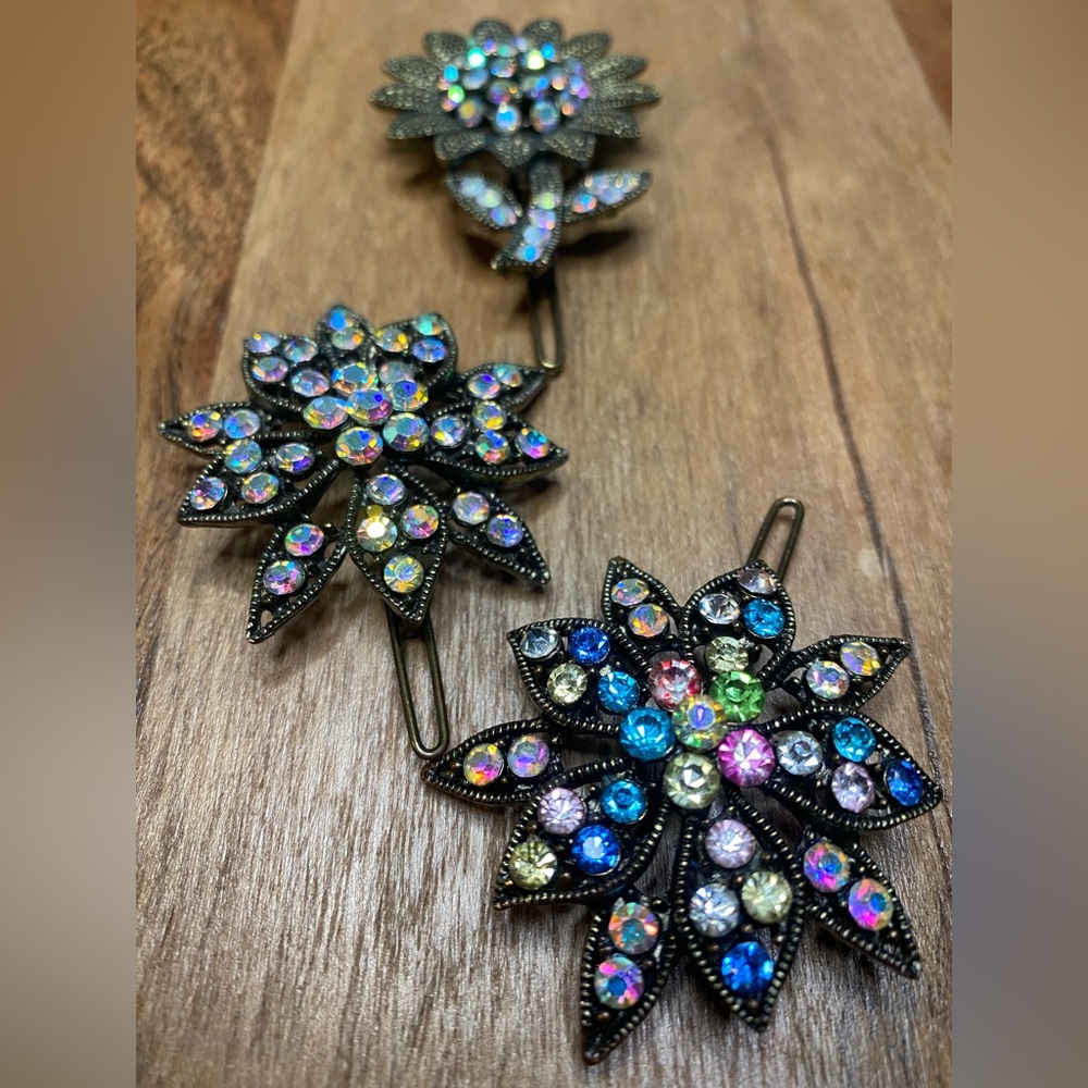 Colorful Rhinestone Flower Hair Clips, set of 3